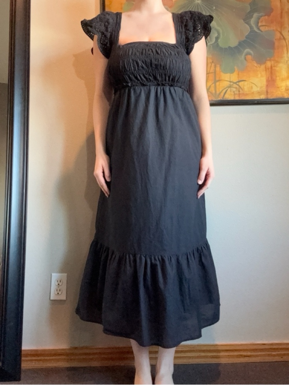 Zara Black Smocked Square-Neck Midi Dress with Flutter Sleeves